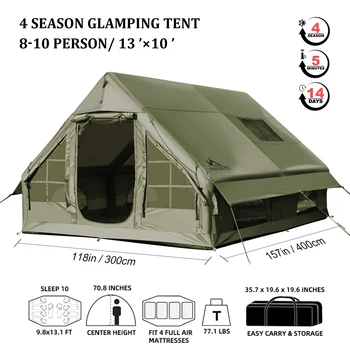 Army Green Waterproof Windproof Inflatable Tent for Camping,4 Season Air Glamping Tent House with Chimney Opening,AC Vent 6