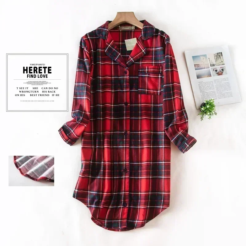 Women Nightgowns Women Nightdresses Sleeping Dress Flannel Cotton Home Nightdress Cardigan Shirt Night Dress Cute Cartoon Plaid Design Sleepwear Fashion Sleeping Shirt Woman