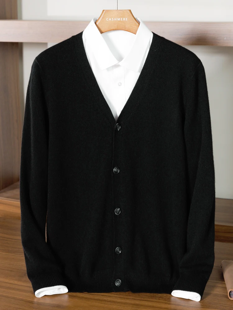 High Quality 100% Pure Cashmere Cardigan Men Sweater Spring Autumn Knitted Jacket Solid Color V-Neck Long-Sleeved Knitwear