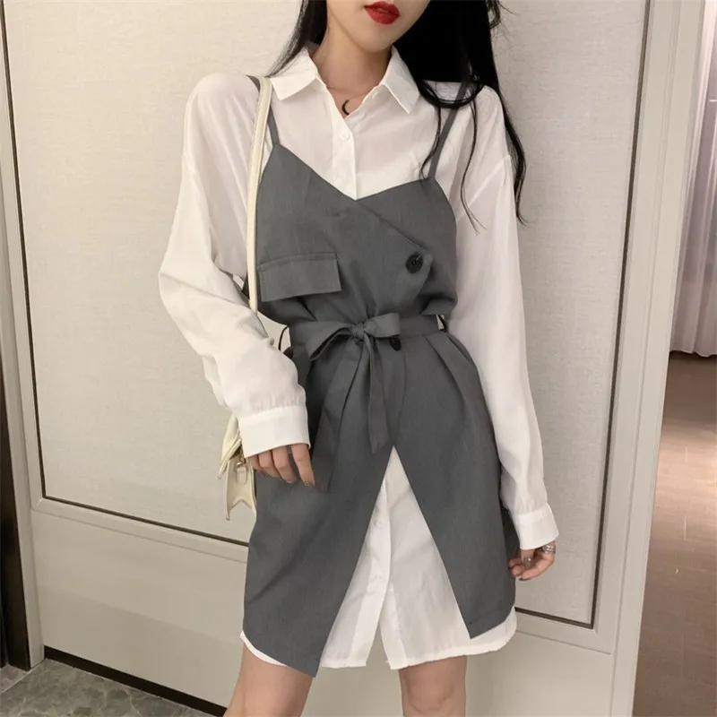 Korean Fashion Vestidos Women 2pc Dress Suit Sweet Two Piece Dress Sets  Long White Shirt+irregular Strap Mini Skirt Sets Outfits - Dress Sets -  AliExpress