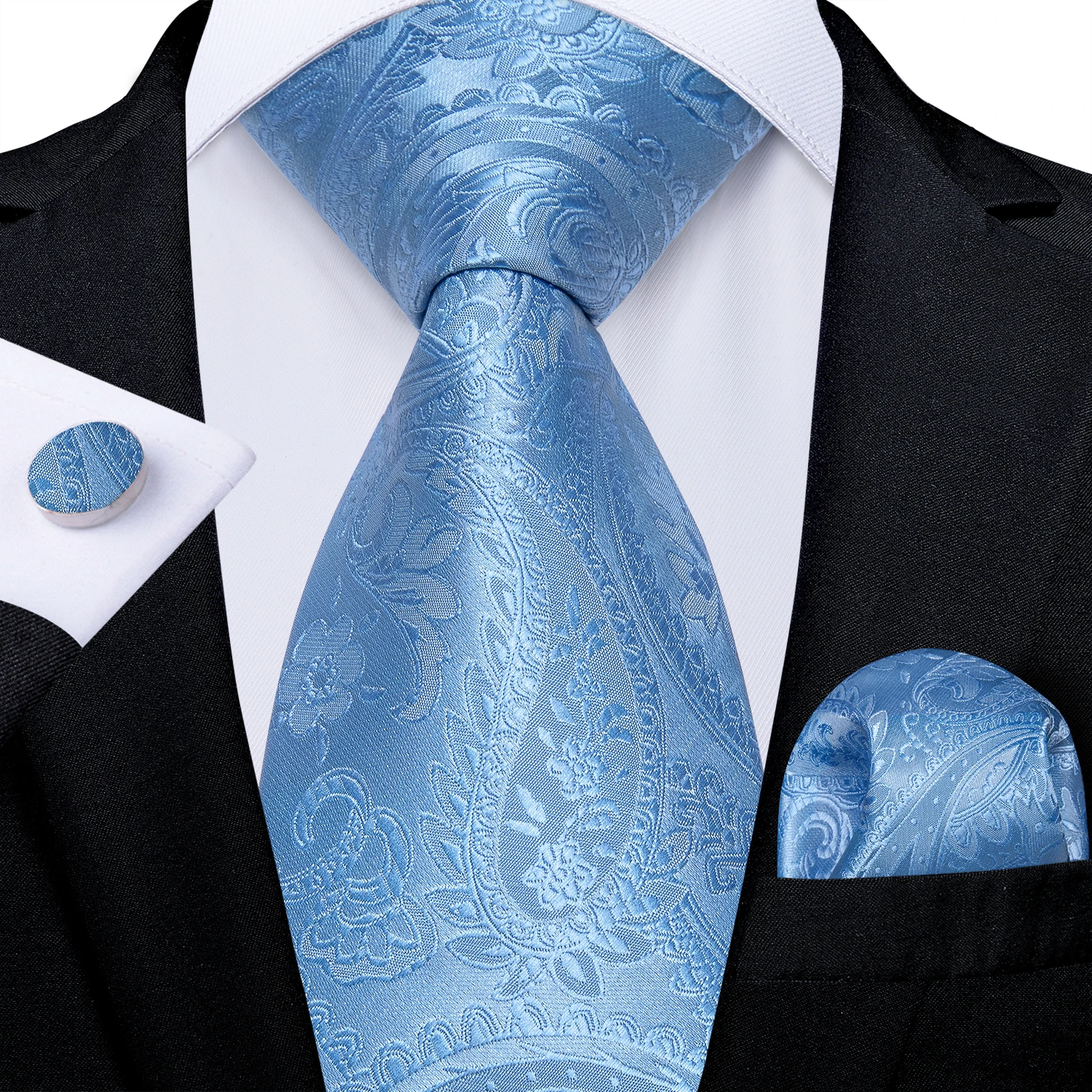 Light Blue Men's Paisley Floral Tie Set with Handkerchief and Cufflinks - Formal Wedding Party Accessories Gift
