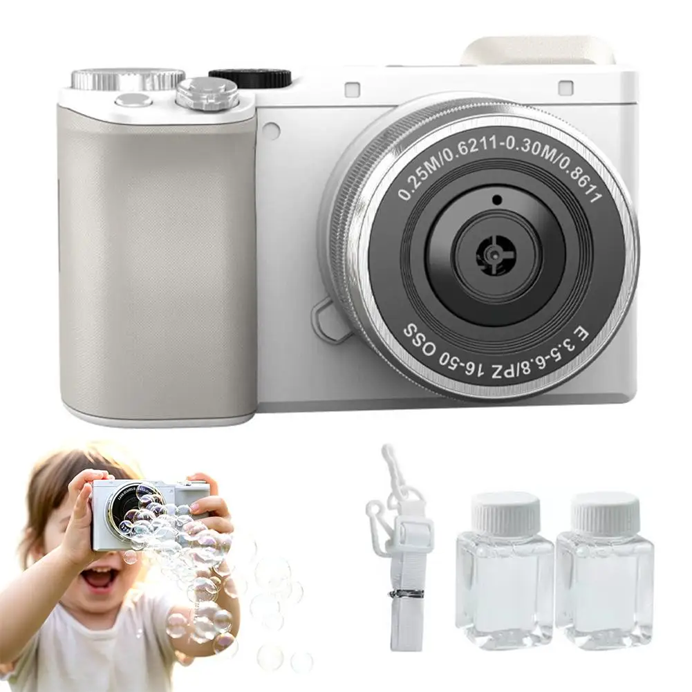 Kids' DSLR-Style Automatic Bubble Maker with Lights & Music, Leak-Proof Design, Bubble Solutions & Strap Included