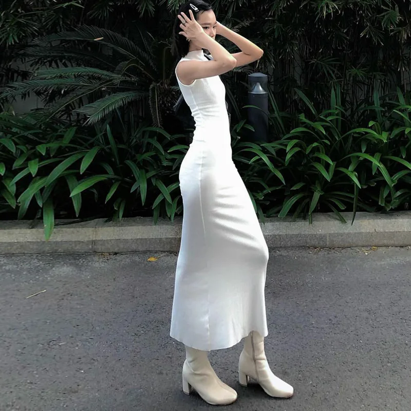 Vestido largo liso sin mangas para mujer, ajustado, con hombros descubiertos, elegante, ajustado, para fiesta, de verano