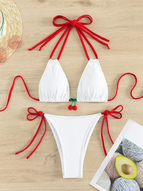 2025 Strawberry Designer Bikini Women Sexy White Contrast Push Up Micro Swimsuit Brazilian Bandage Bathing Suit Thong Swimwear 1