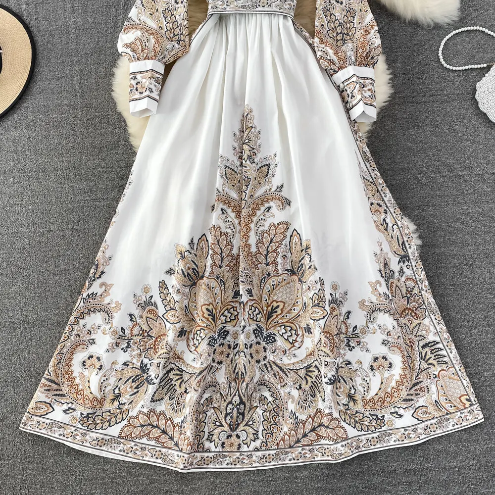 Women Vintage Long Dress Fashion Print A-line Ruffled Elegant Floral Party Dresses Ladies Long Sleeve Casual Long Robe Vestidos