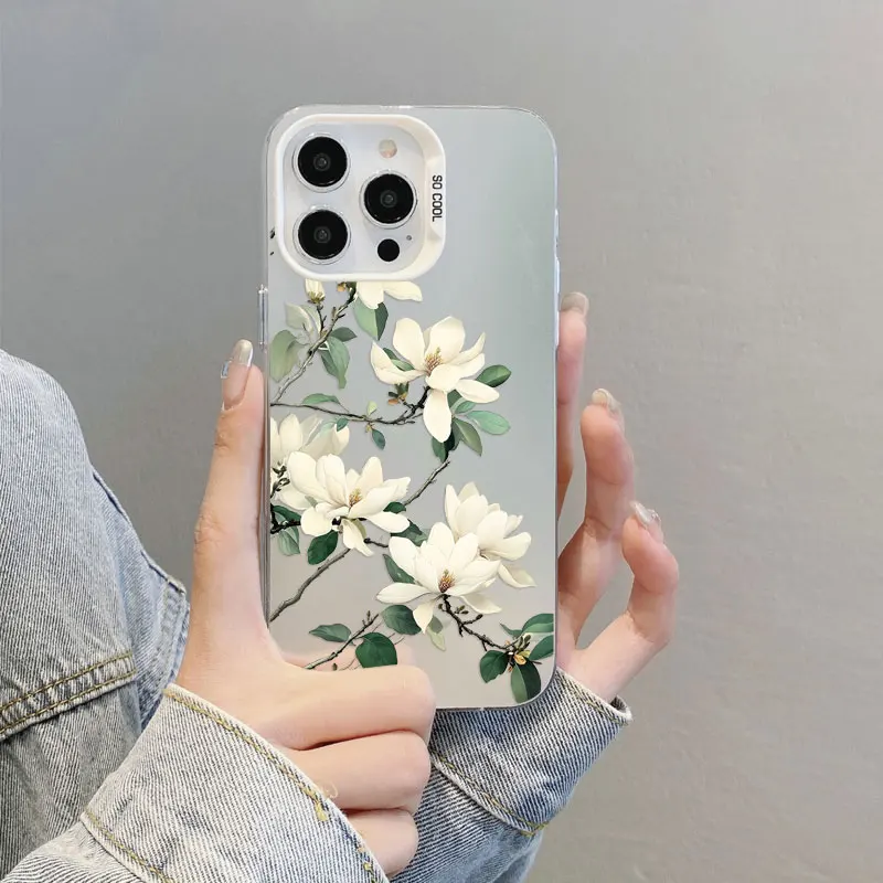Mit weißer Magnolienblumenmuster Handyhülle für Samsung S25 S22 Ultra Plus S24 S23 Ultra Plus FE S21 FE stoßfeste Laserabdeckung – Detail 4