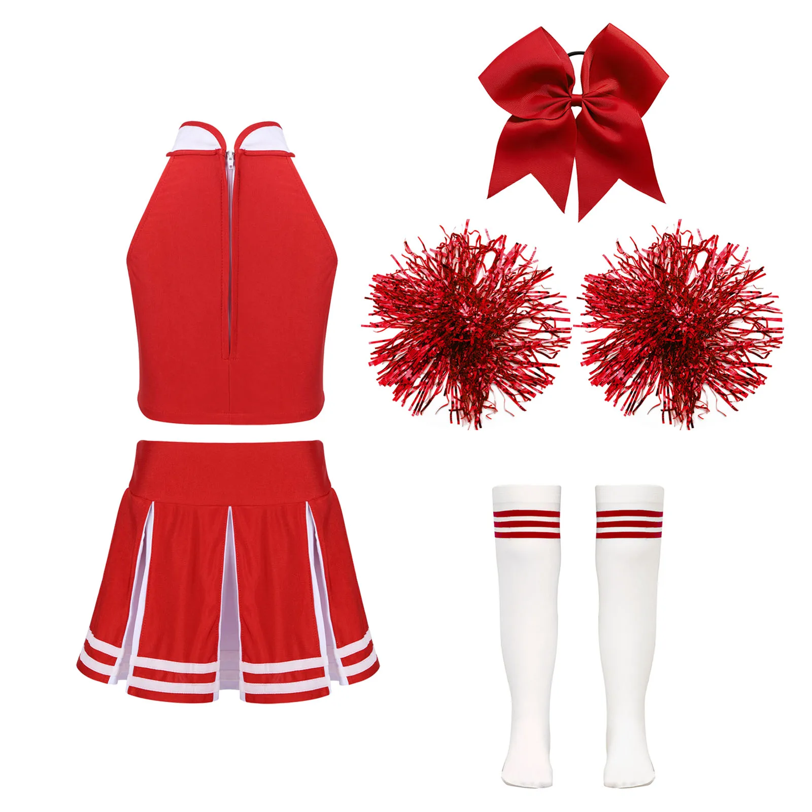 Cheerleading Costume Set para crianças, roupas de dança cheerleading, tops saia plissada, mão flores meias, escola meninas uniformes