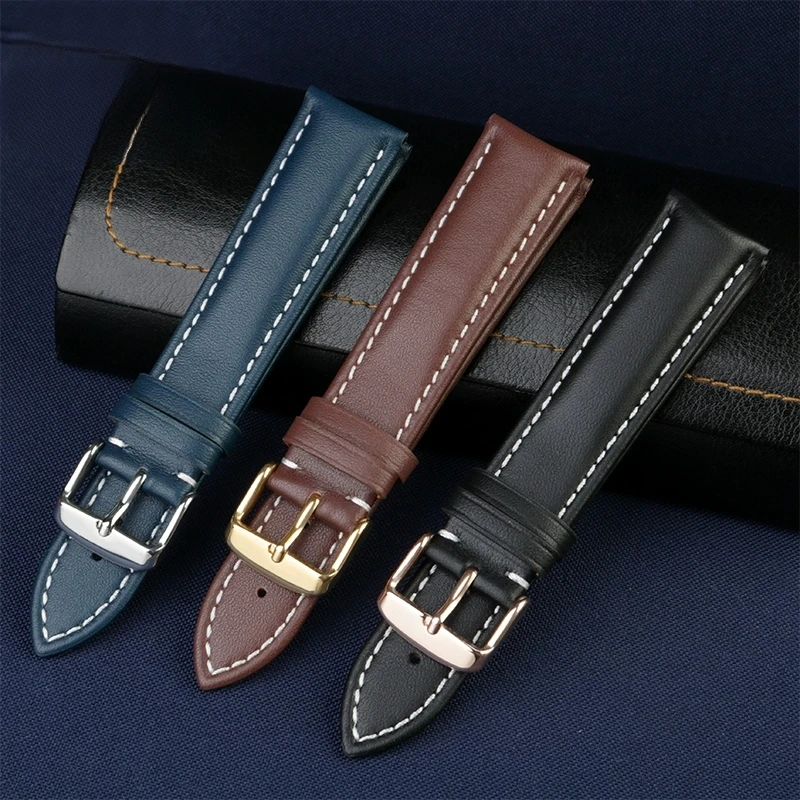Premium Genuine Leather Men's Watch Band - Black, Brown, Blue - Luxurious Cowhide Bracelet