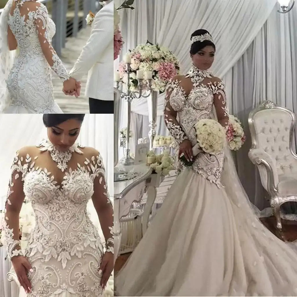 

Haute Plus Size Illusion Long Sleeve Mermaid Dresses Nigeria High Neck Full Back Dubai Arabic Castle Wedding Gown