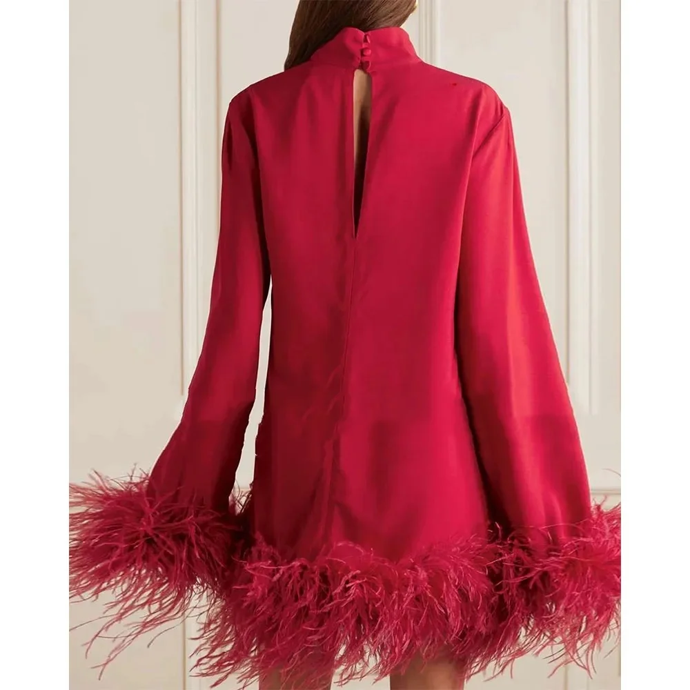Mini Feather Long Sleeves Luxury Women's Cocktail Gowns Short A Line High Collar Cut Out Sexy Party Gown Evening Party Dress