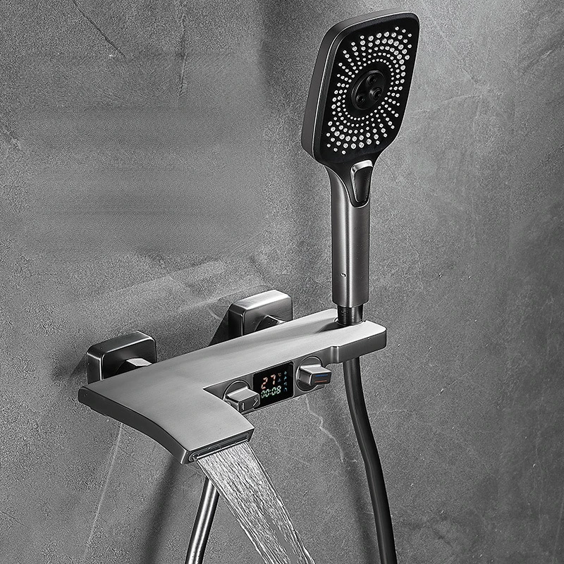 Modern Waterfall Shower Set with LED Display, Wall-mounted Hot and Cold Mixer Valve, Bathroom Gunmetal Grey Shower System