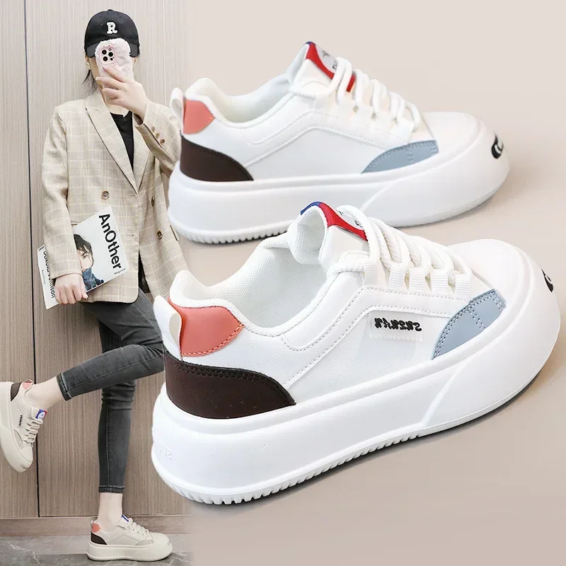 

New color-block versatile casual women's shoes spring summer 2024 thick-soled heightened women's shoes student board shoes round
