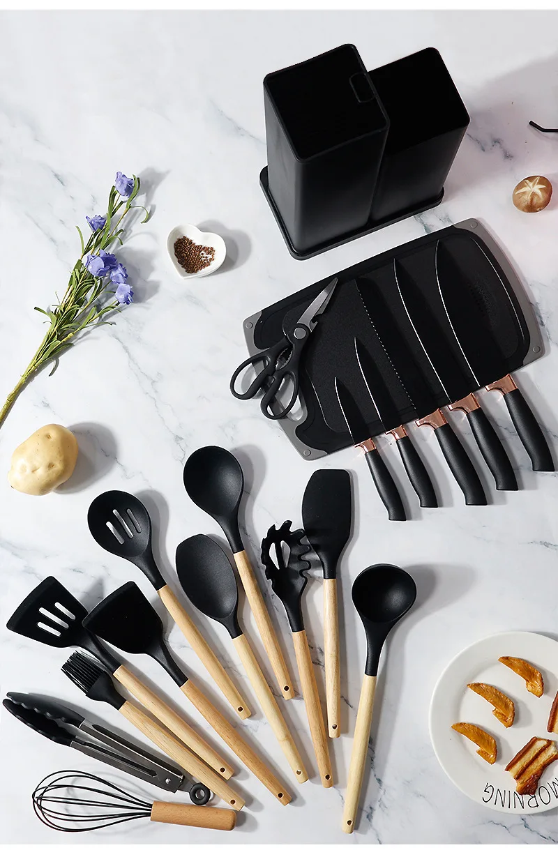 Ensemble d'Ustensiles de Cuisine en Silicone avec Manche en Bois