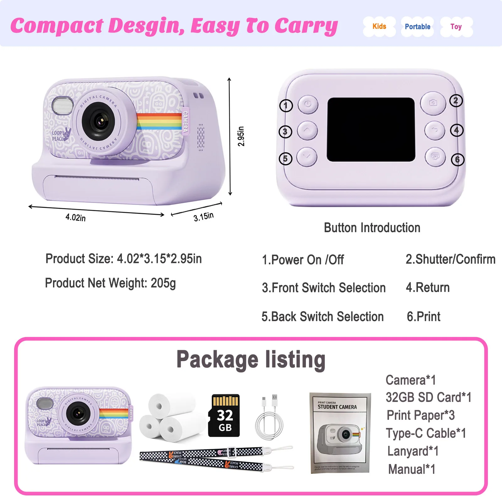 Digital Camera Instant Print Camera for Kids Christmas Birthday Gifts for Girls Boys 1080 HD Digital Video Cameras Toddler Portable Toy