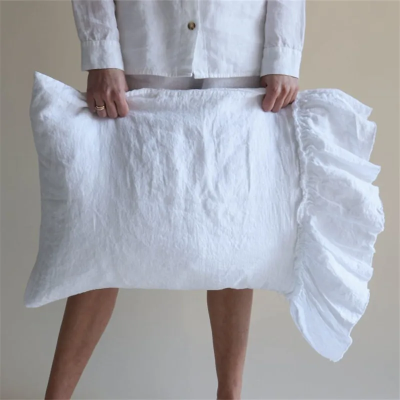 2pcs White Linen Frilled Pillowcases French Linen Washed Natural Flax