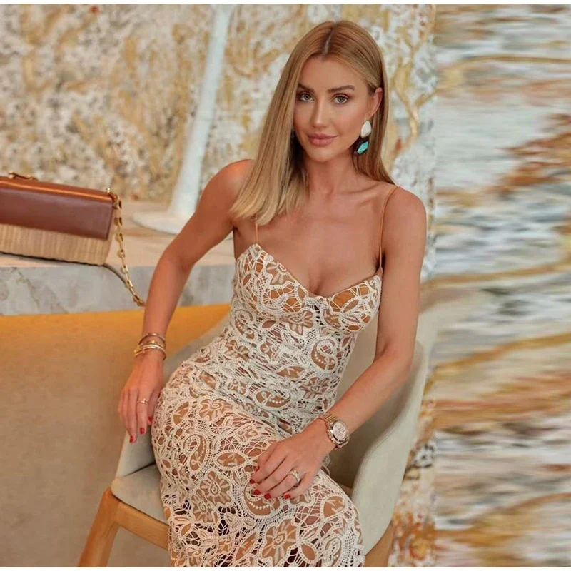 Sexy Embroidery Slip Midi Dress Women Backless Hollow Out Hip Package Zipper Dresses 2025 Spring Summer Lady Party Evening Gowns
