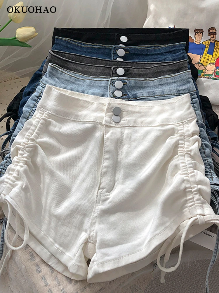 gap jeans Denim Shorts Two Button High Waist Drawstring Lace Washed Jeans Women Spring 2022 Korean Version Stretch Wide Leg  Slim Short stacked jeans