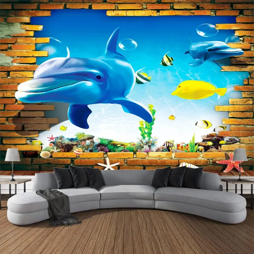 Undersea print pattern tapestry psychedelic room wall hanging cloth ocean coral dolphin home decoration cartoon mural cloth