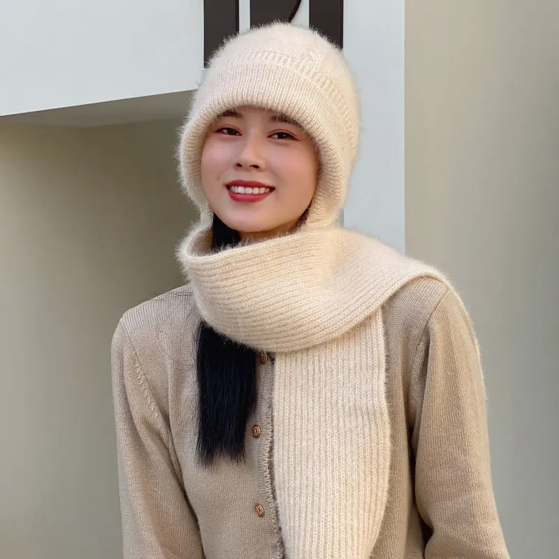 Fashion Women's Winter Hat With Scarf Set One Piece Knitted Beanie Cap