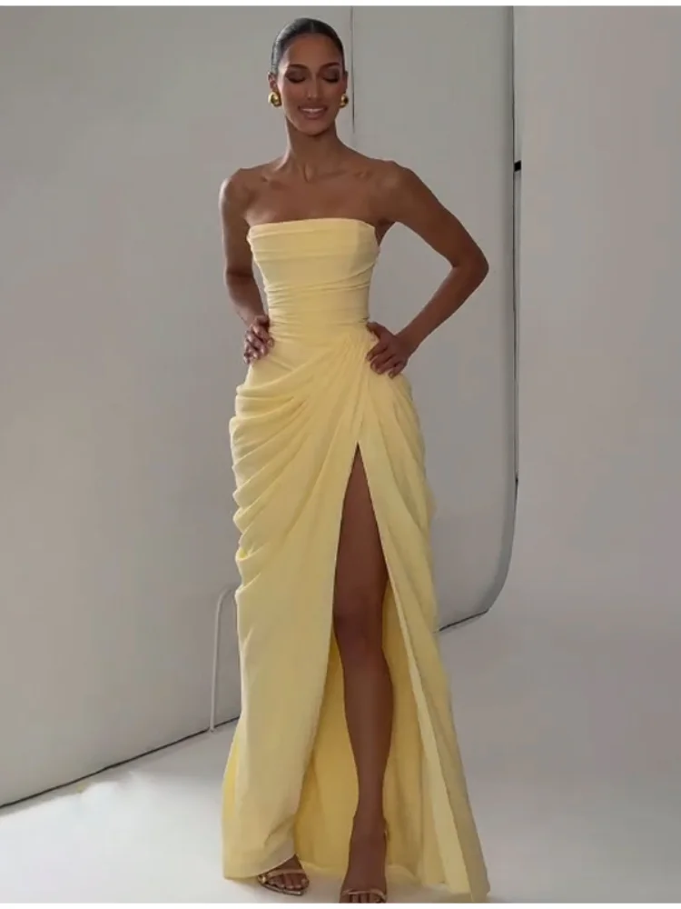 Robe de soirée plissée unie sexy pour femme, chic, sans bretelles, épaules dénudées, dos nu, taille haute, fendue, nouvelle collection 2026