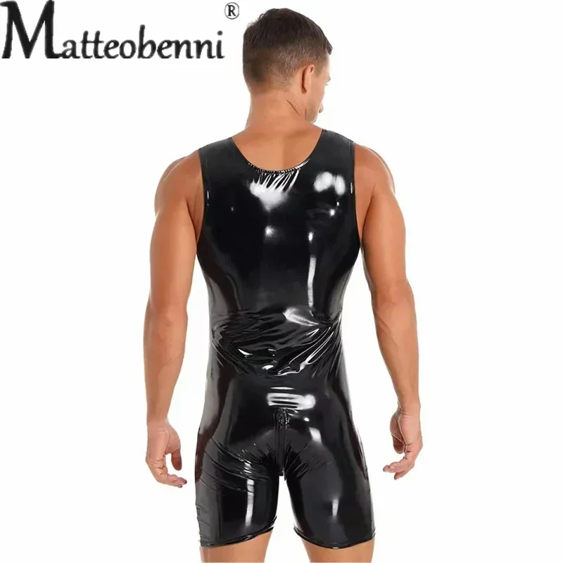 Men bodysuit jumpsuit S-7XL PU Leather Two Way Zipper Open Crotch Sleeveless Wet Look Slim Rompers Cosplay Palysuits