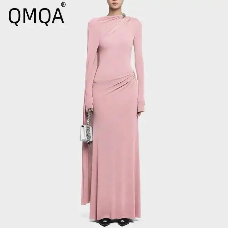 QMQA Fashion Women's Designer Dress Asymmetric Ribbon Metal Buckle Spliced  Solid High Waist Floor Length Dresses 2025 New QM627 - AliExpress 200000345