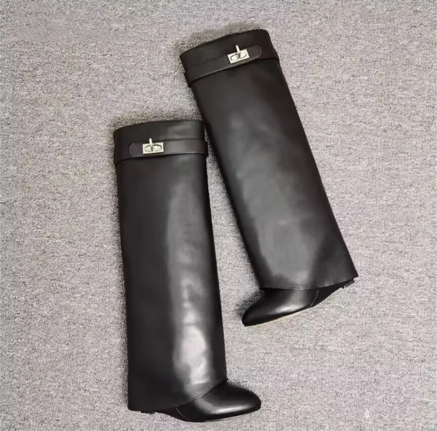 Botas de couro no joelho para mulheres, sola grossa longa, salto alto, bloqueio de tubarão, marca de luxo, nova, 2024 mulheres