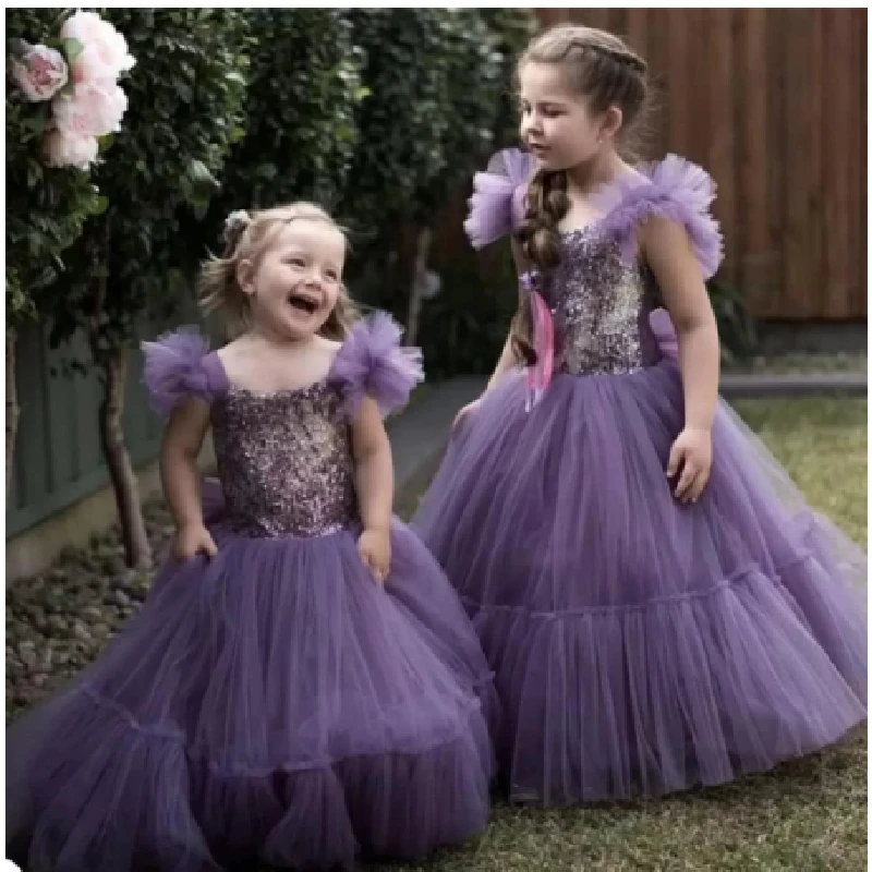 

Flower Girls' Dresses Ruffles Off Shoulder For Weddings With Bow Sequins Long Tulle Princess Party Birthday Gowns Communion