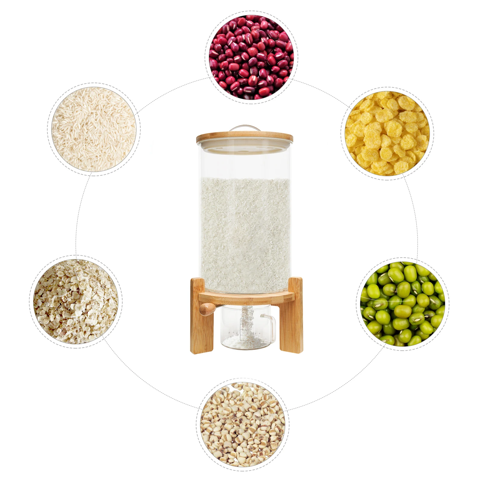 7.5L Creative Flour Cereal Airtight Container Rice Dispenser Glass Food Storage Container w/Wooden Stand for Kitchen 3