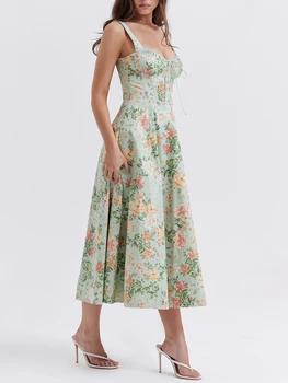 Women Summer Casual Midi Dress Floral Print Low-Cut Sleeveless Sling Sweet Dress Fashion Backless Temperament Dress 5