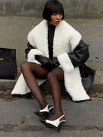 المرأة السوداء المرقعة بولي معطف معطف جلد عميق الخامس الرقبة الأبيض فو شيرلينغ طوق الكفة مربوط كم كامل سترة الخريف الشارع الشهير 2