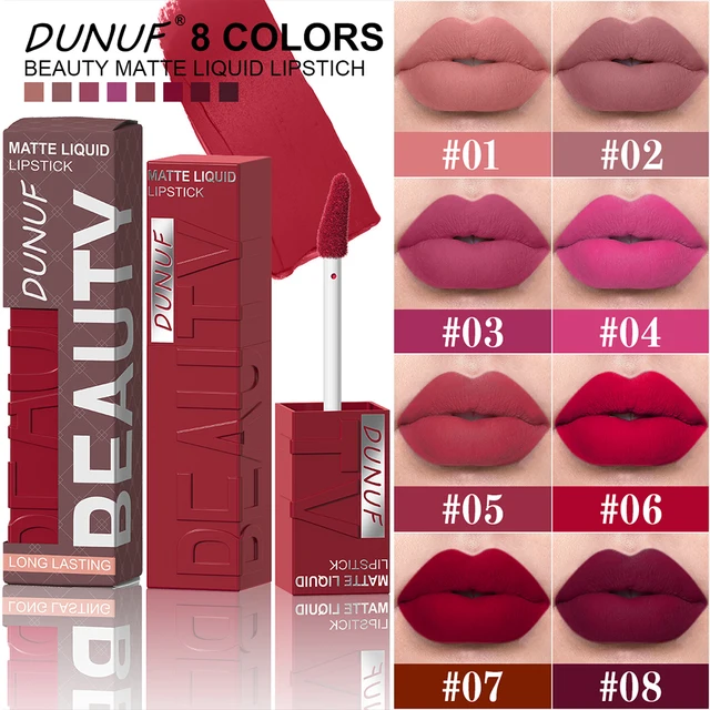 DUNUF Matte Velvet Lip Gloss, 3D Plumping & Waterproof, Square Tube Lipstick, Easy Application, 8 Shades (All-in-One)