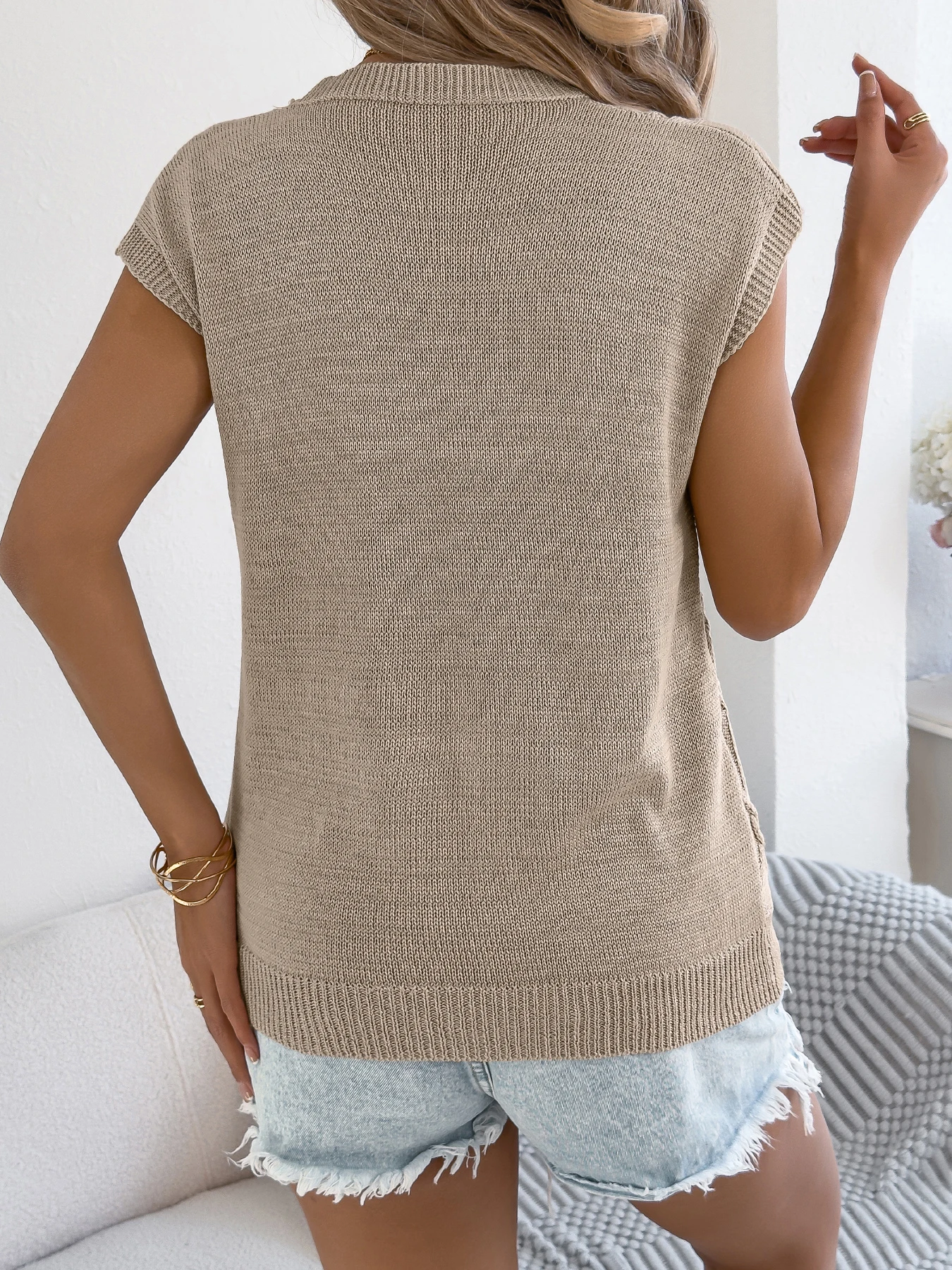 Khaki Red White Cable Knitted Pullover for Women