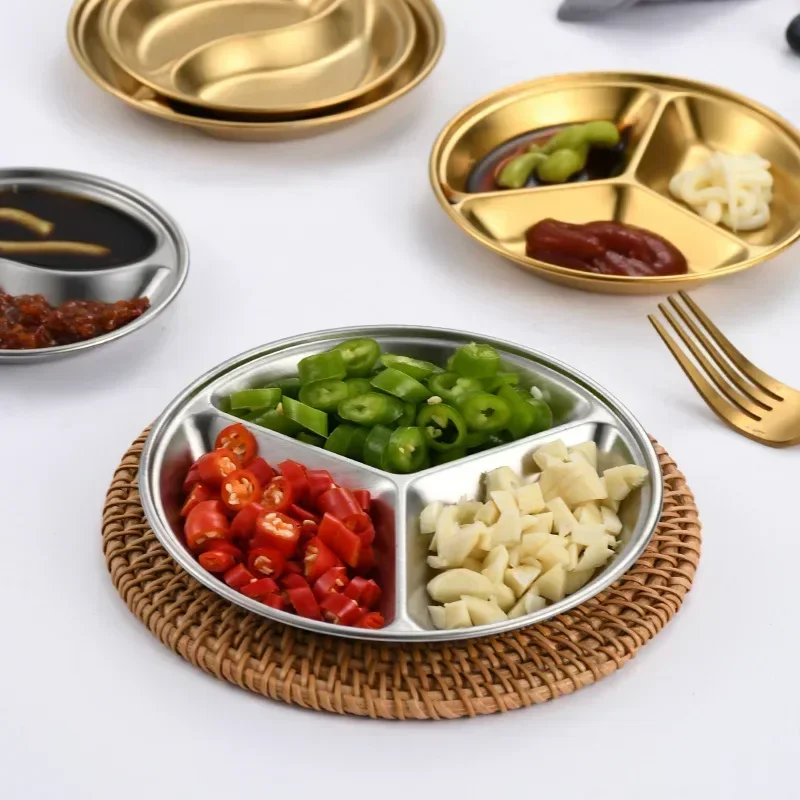 Stainless Steel Dipping Plate Round Small Plate Korean Barbecue Seasoning Gold Grid Hot Pot Flavoring 2PCS