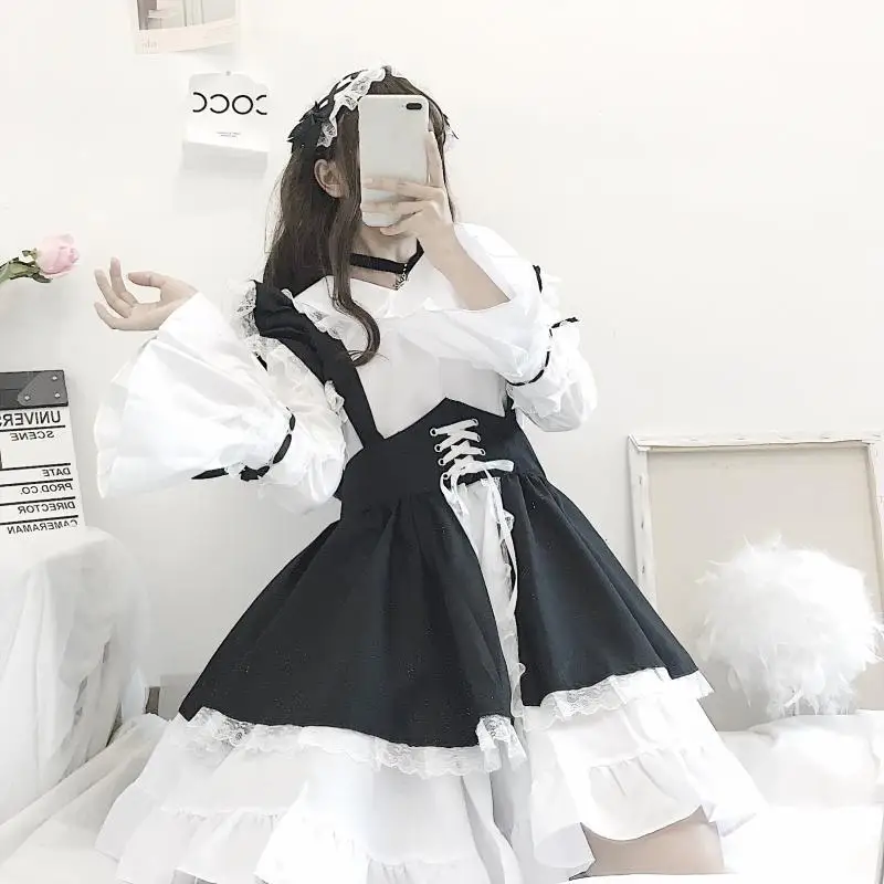 

Cute Japanese Lolita Maid Dress Black White Girl Dress Women's Clothing Big Boss Set