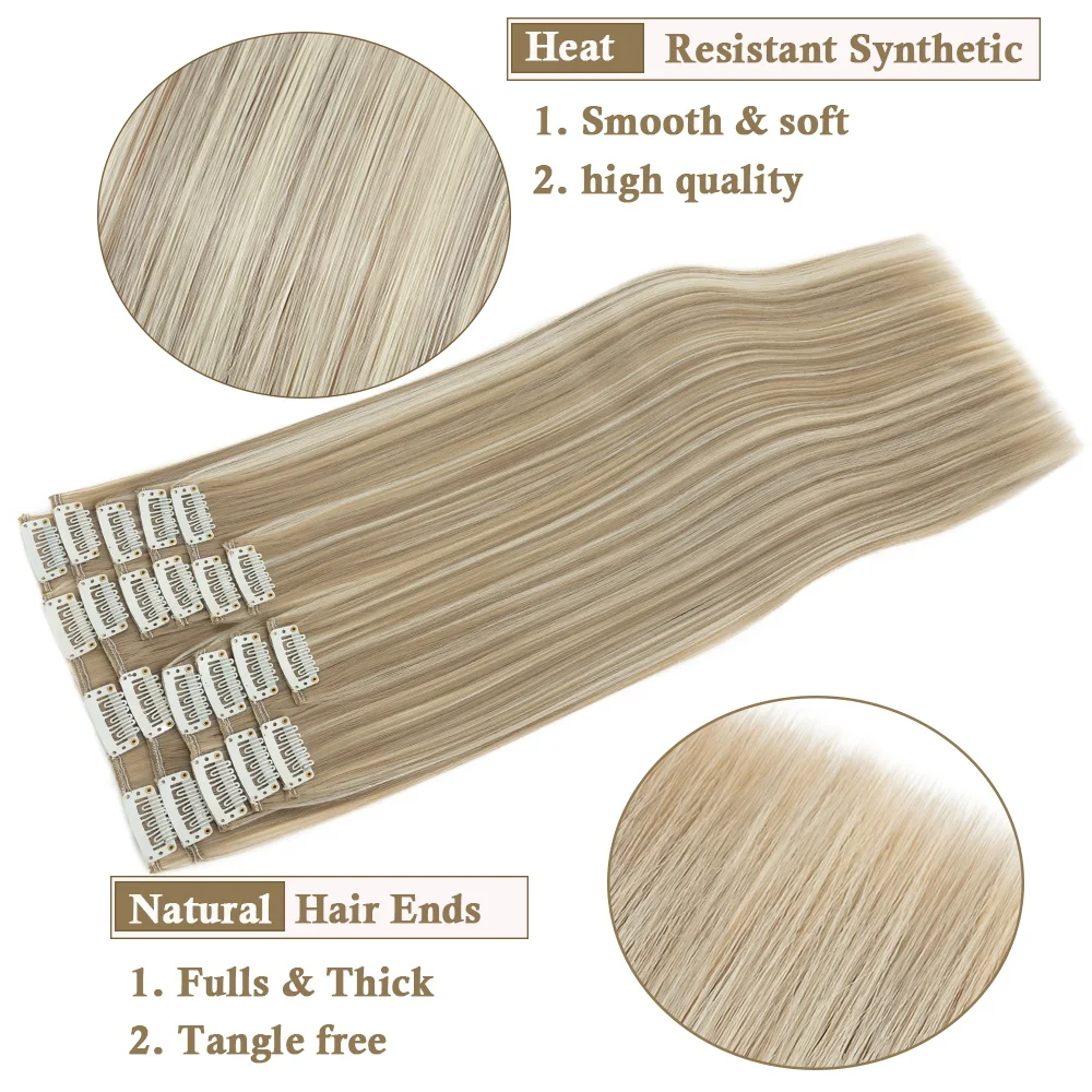 BENEHAIR Straight Clip in Hair Extensions 180g 22" 12PCS for Women Full Head Heat Resistant Synthetic Hairpiece
