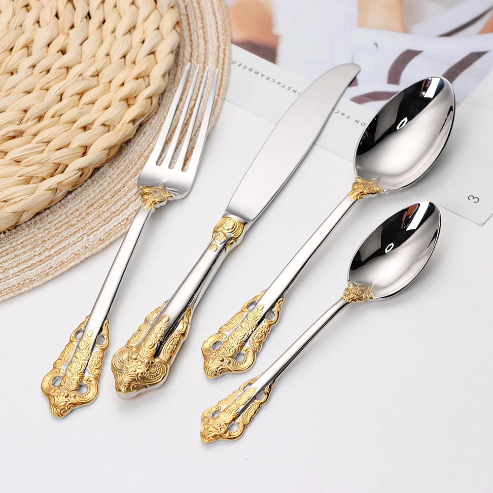 30-Pieces Royal Vintage Gold Plated Stainless Steel Cutlery Colorful Spoon  Fork Knife Set Black Rose Gold Flatware Service For 6