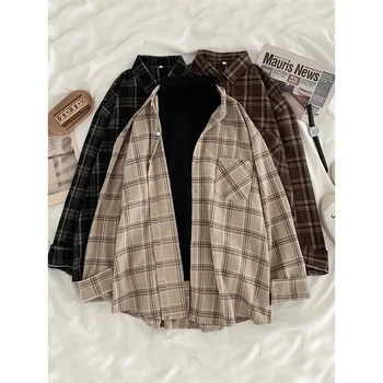 MEXZT Vintage Oversized Plaid Shirts Women Streetwear Long Sleeve Blouses Harajuku Korean Pocket Loose Casual All Match Tops New 1