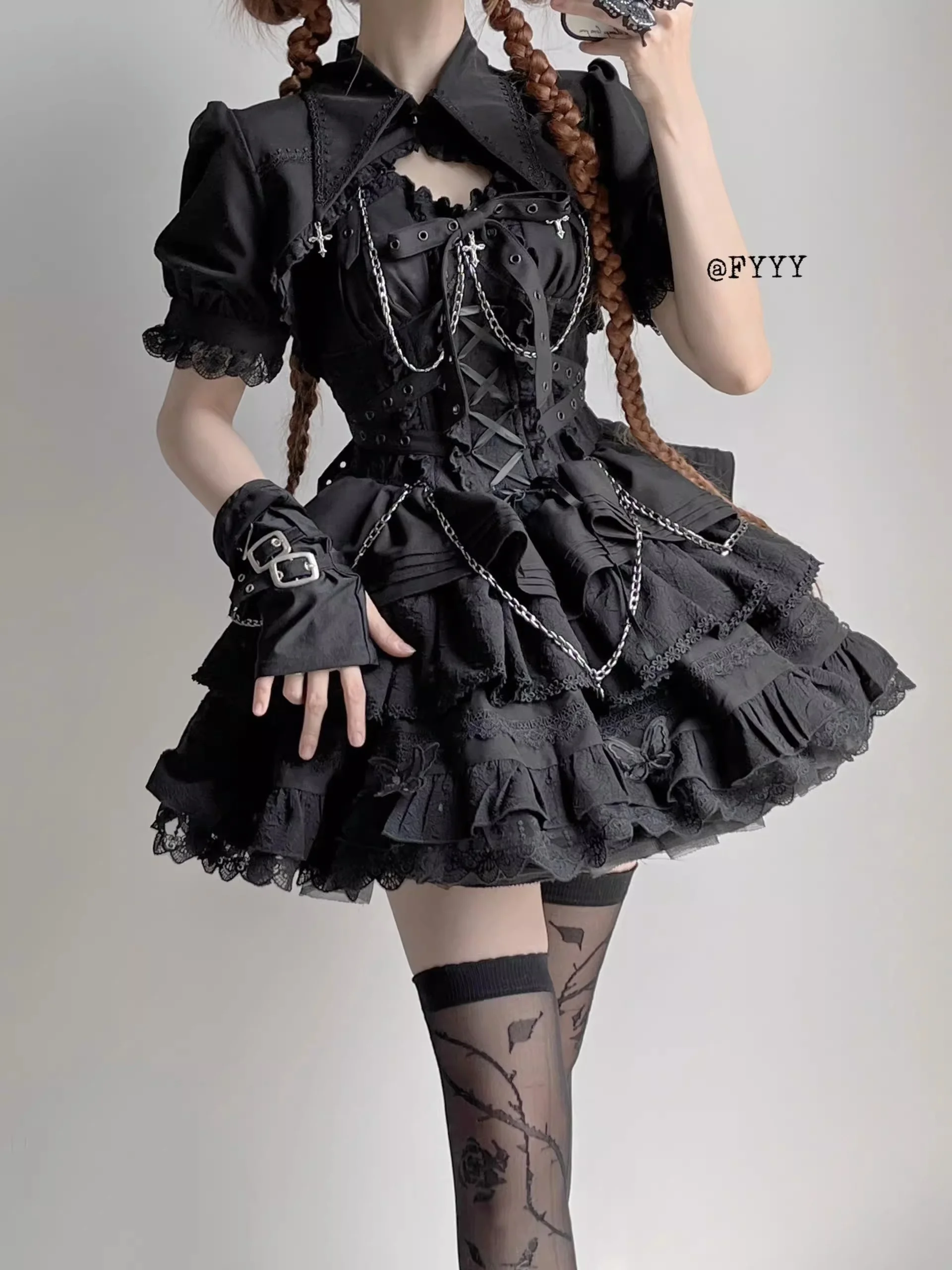 Black Gothic Camisole Slip Dress Lolita Suit Dog Short Dress Lolita Heavy Industry Pompony Princess
