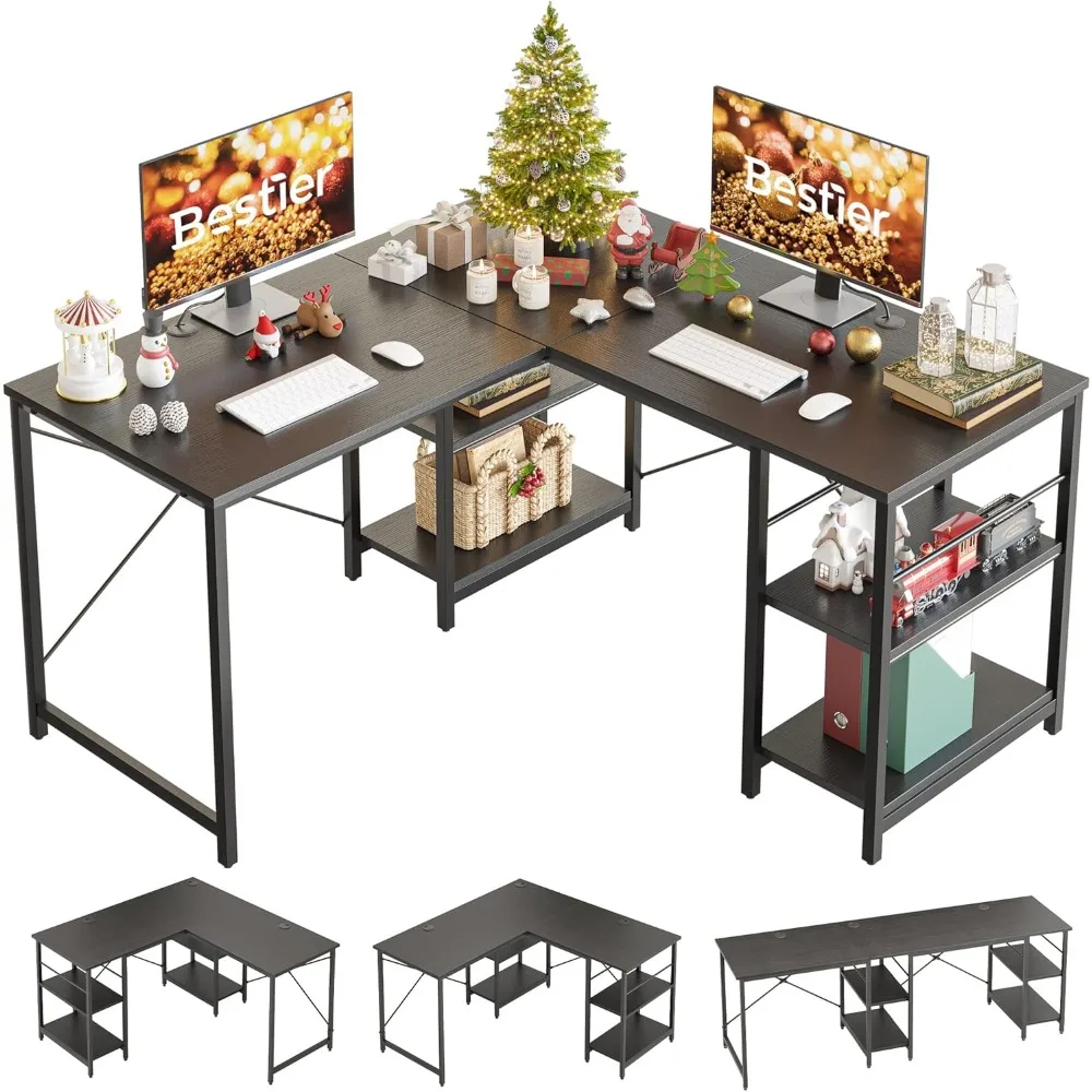 L Shaped Desk with Shelves 86 Inch Reversible for Home Office Gaming Writing Workstation with 3 Cable Holes.Corner Computer Desk 4