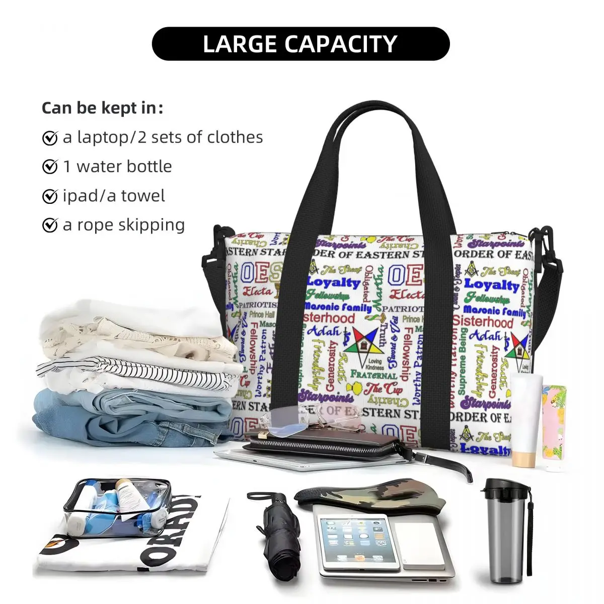Order Of The Eastern Star Beach Tote Bag for Women Extra Large Gym Carry On Freemasonry Travel Shopping Bags