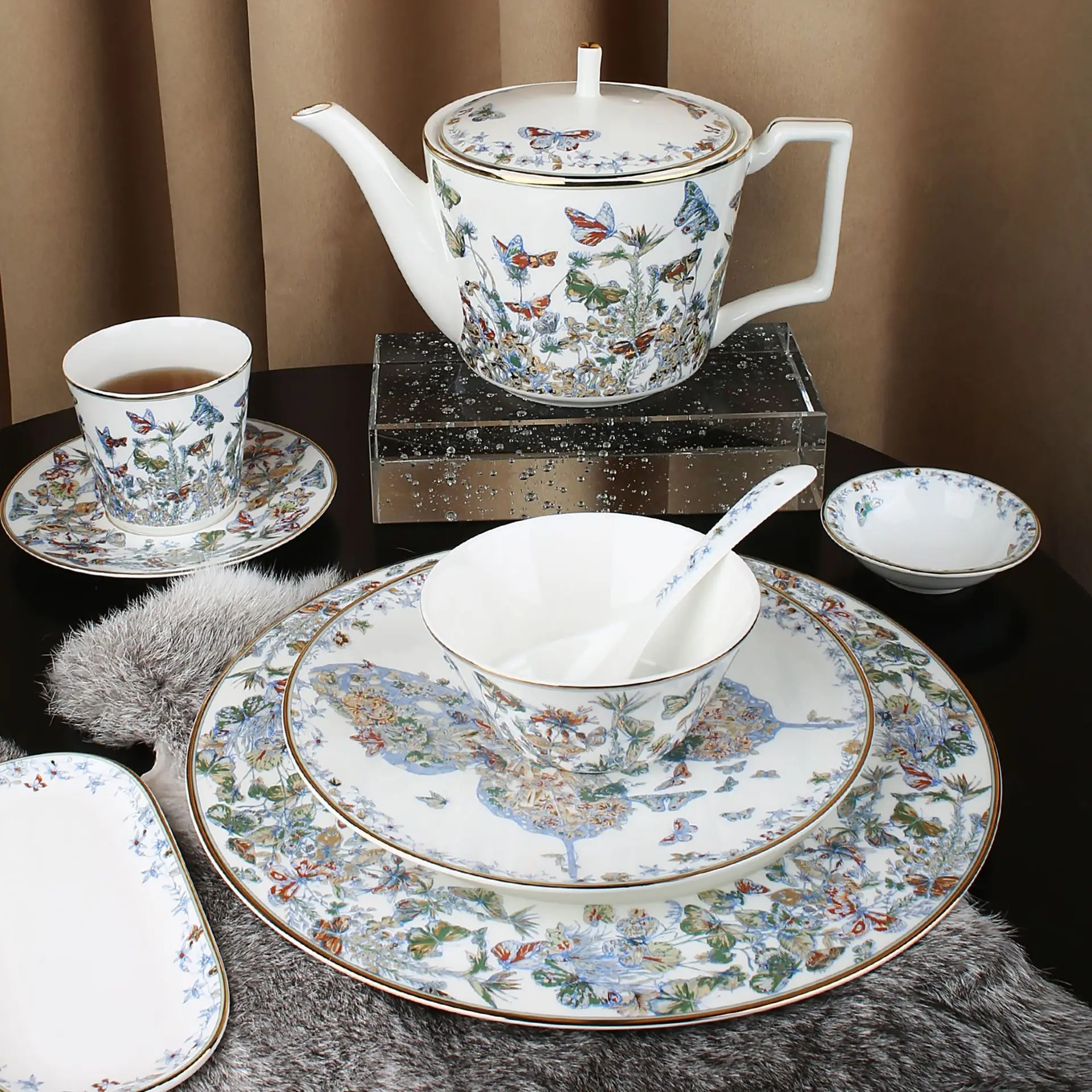 High bone China blue butterfly grammar tableware retro light luxury plate European home dining bowl spoon Western plate set