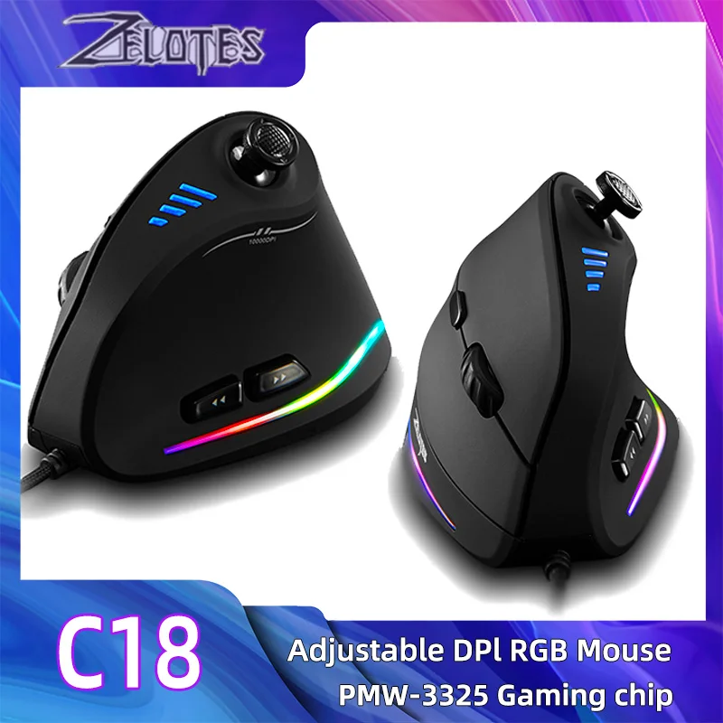 Gaming Mouse C-18 Vertical Gaming Mouse 10000 DPI Programmable 11 Buttons USB Wired RGB Optical Remote for Laptop PC