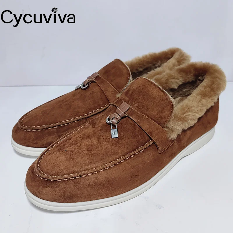 

Winter Quality Wool Women Snow Boots Slip On Loafers Metal Decor Mules Warm Flat Fur Shoes Ladies Hot Summr Walk Casual Shoes