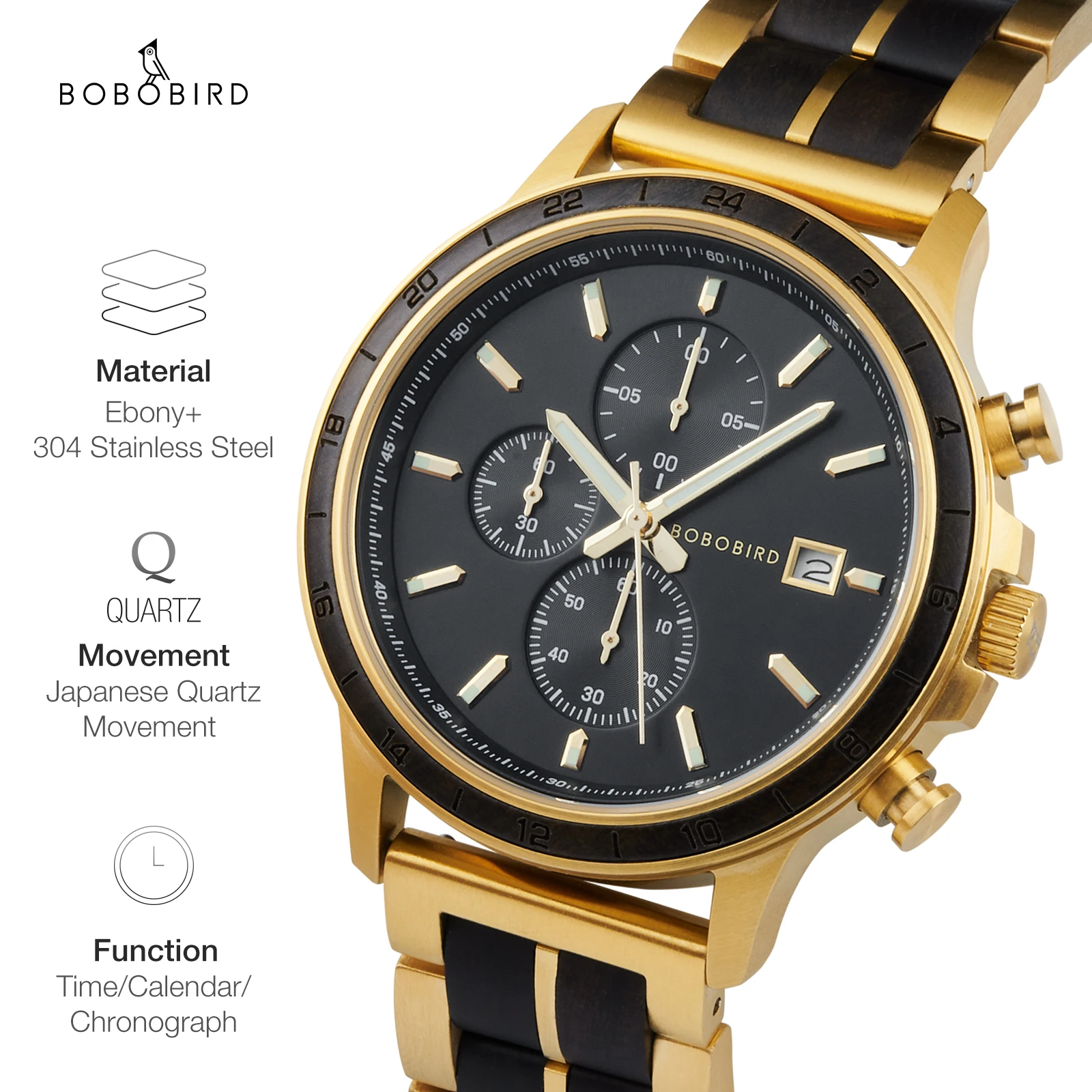 BOBO BIRD Men's Wooden Watch Classic Chronograph Military Watches New Top Quartz Wristwatch Japanese Movement Custom Gift Box