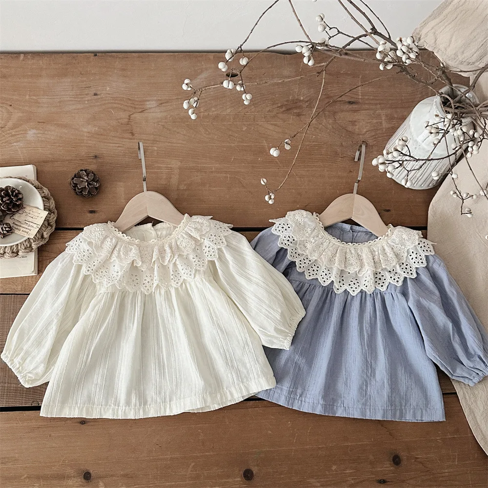 2025 Spring New Baby Girls Long Sleeve Lace Collar Tops Cotton Infant Toddler Solid Princess Bottoming Shirt Baby Clothes