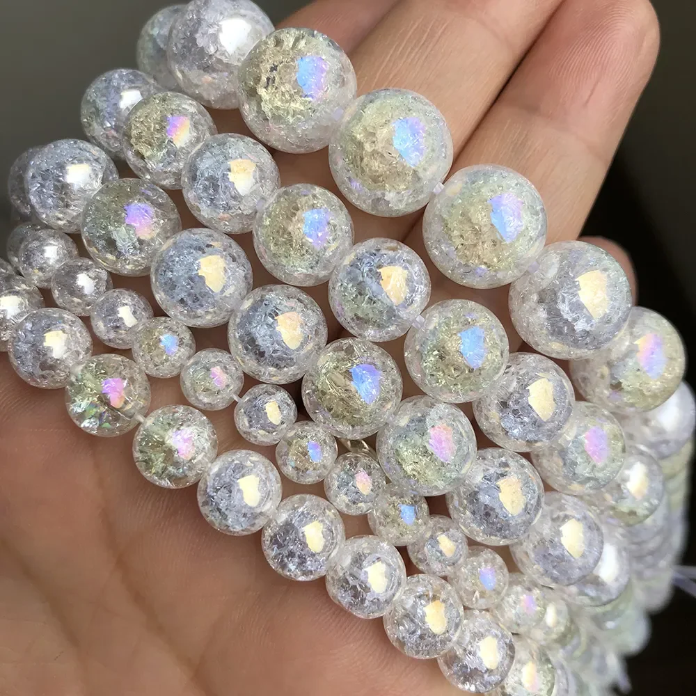 Natural Stone Beads AB White Snow Cracked Quartz Crystal Beads For Jewelry Making Diy Bracelet Necklace 15Inch 4 6 8 10 12mm