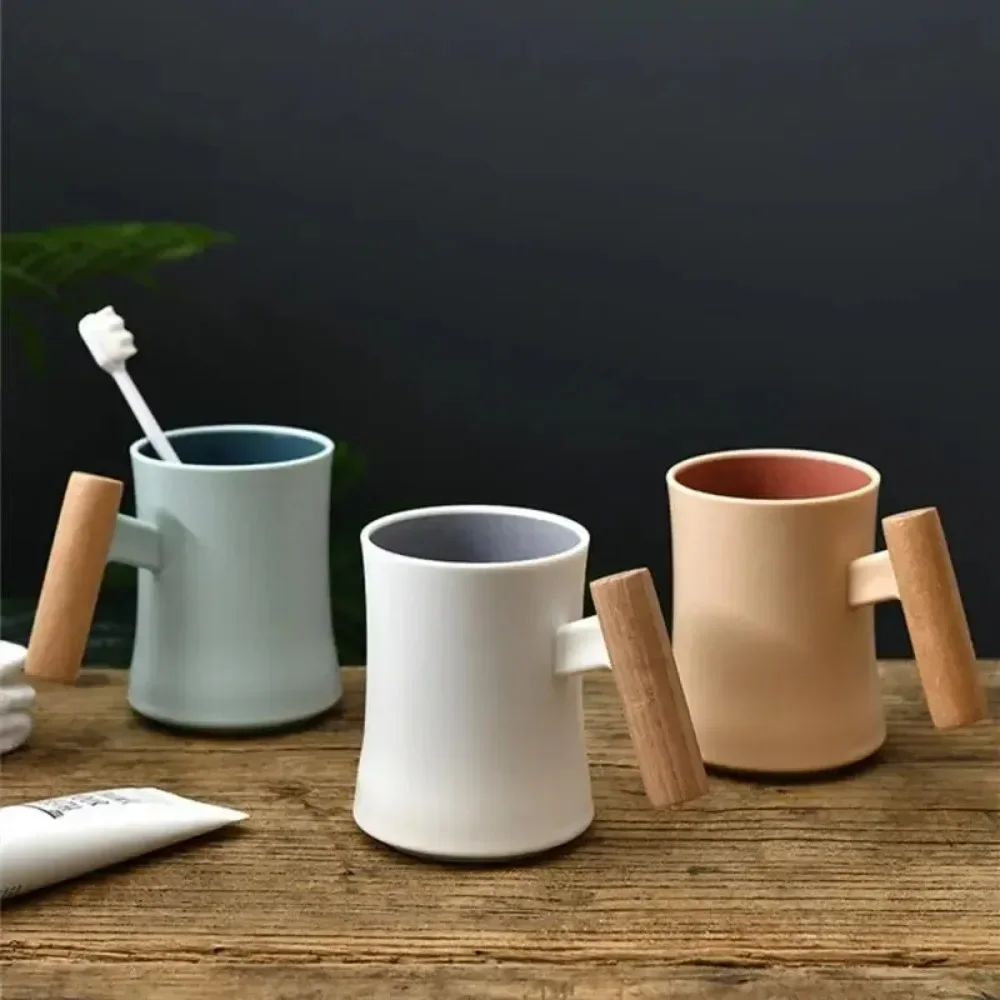 Wooden Handle Mouthwash Cup Couple's Toothbrush Cups High-End Plastic Mouthwash Cup Double-Layer Contrast-Color Mouthwash Cup