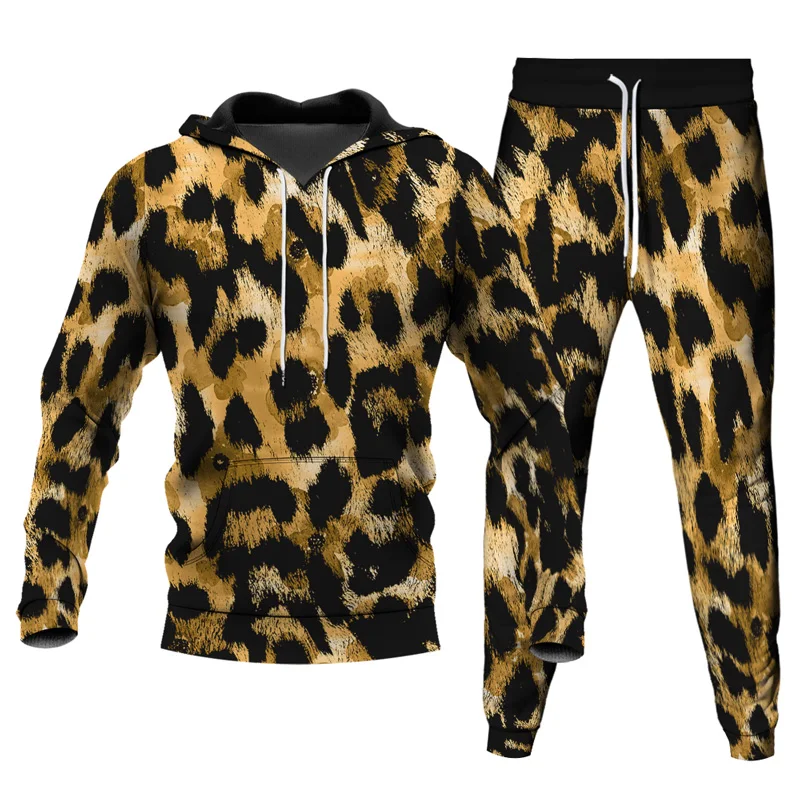 Leopard Zebra Pattern 3D Printed Tracksuits Men's 2 Piece Set Hoodies Sweatpants Streetwear Casual Two Piece Male Oversized Suit