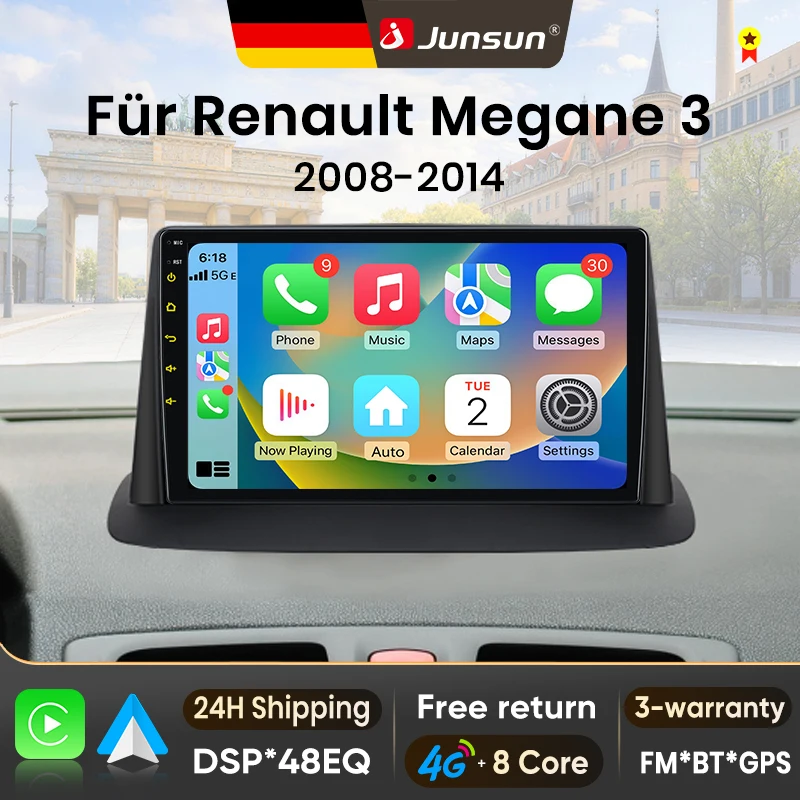 Junsun 9-Zoll Android 15 Autoradio für Renault Megane 3 Fluence Samsung SM3 2008-2014, kabelloses Apple CarPlay, Auto-IPS-Bildschirm, Stereo-Multimedia-Videoplayer, intelligente Fahrzeugsysteme, 2-DIN-Autoradio-Hauptei